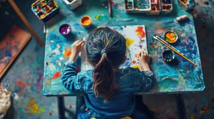 Fototapeta premium A candid shot of a child sitting at a table with paints and brushes, focused on creating a colorful artwork, surrounded by paint splatters and art supplies.
