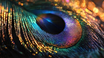 Naklejka premium Shimmering iridescence of peacock feather barbules