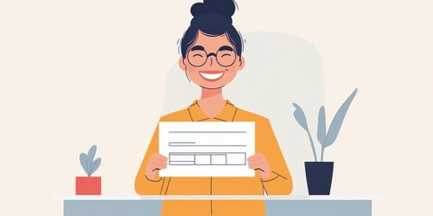 Smiling woman holding a blank form at a desk.
