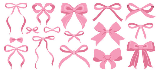Simple hand drawn pink ribbon bow collection. Bowknot for decoration, big set of bowtie. Large retro handdrawn ribbon illustration set. Set of various cartoon bow knots, gift ribbons. 