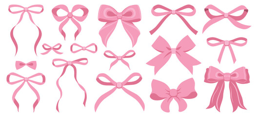 Simple hand drawn pink ribbon bow collection. Bowknot for decoration, big set of bowtie. Large retro handdrawn ribbon illustration set. Set of various cartoon bow knots, gift ribbons. 