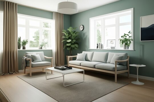Stylish Scandinavian 3D Illustration of a Bright Living Room Featuring Lightweight Sofa and Minimalist Coffee Table