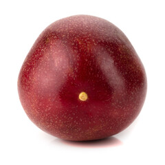 Red passion fruit with yellow pulp isolated on white background.