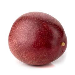 Red passion fruit with yellow pulp isolated on white background.