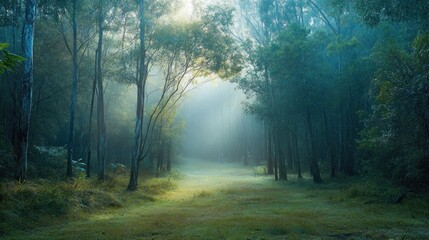 Fototapeta premium A serene forest scene shrouded in mist, inviting tranquility and reflection.