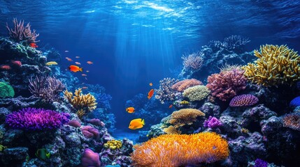 Obraz premium A captivating underwater scene of vibrant coral reefs and colorful fish in the deep ocean, showcasing the rich biodiversity of the marine ecosystem.