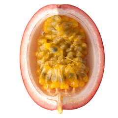 Red passion fruit with yellow pulp isolated on white background.