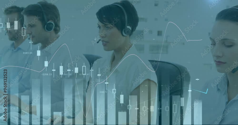Poster animation of financial data processing over diverse colleagues using phone headsets and computers