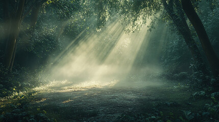 Fototapeta premium Magical sunbeams shining through a dense forest, creating a stunning Tyndall effect with mist swirling in the air and illuminating the woodland floor.