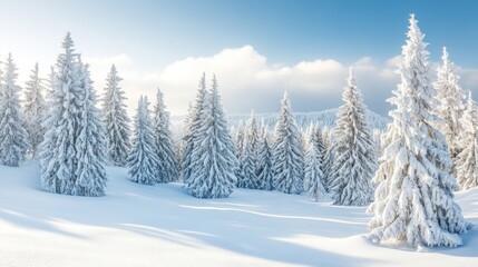 A serene winter landscape with snow-covered trees under a blue sky.