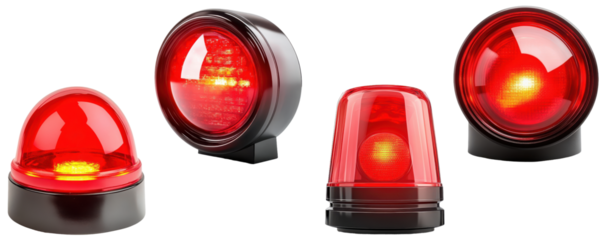 Set of red siren lights, illuminated and flashing, isolated on transparent background, emergency alert symbols