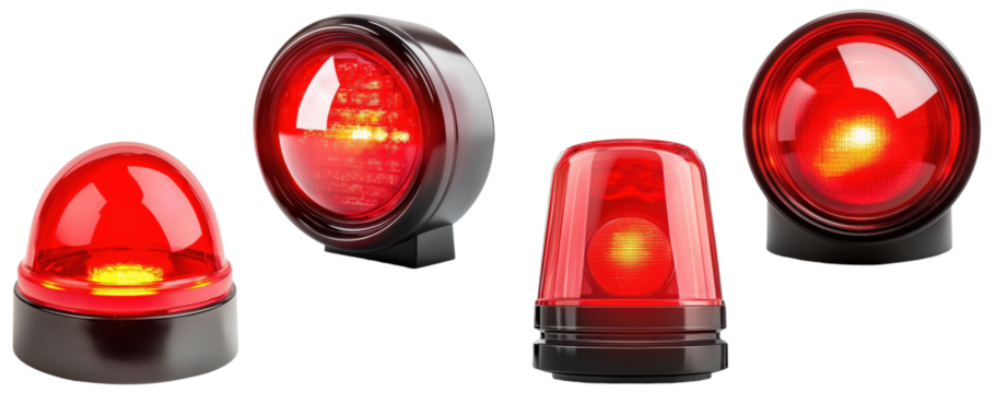 Set of red siren lights, illuminated and flashing, isolated on transparent background, emergency alert symbols