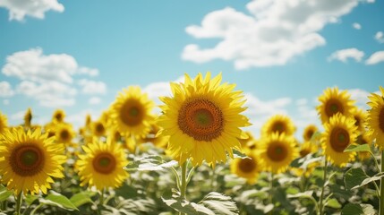 Fototapeta premium A vibrant field of sunflowers under a bright blue sky with fluffy clouds.
