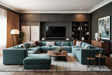 Fototapeta premium 3D Design of Custom Living Room Featuring Sectional Sofa Coffee Table and Modern Entertainment Unit