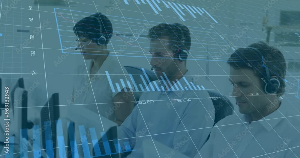 Poster animation of financial data processing over diverse colleagues using phone headsets and computers