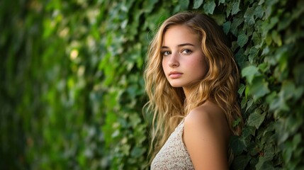 Naklejka premium A young woman poses against a lush green backdrop, showcasing natural beauty and serenity.