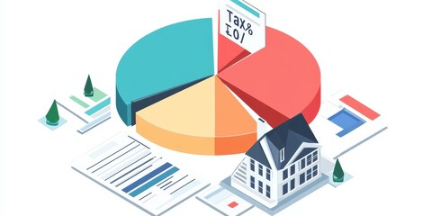 House with pie chart, tax percentage, and documents.