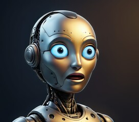 A silver robot head displaying a shocked expression with wide eyes and open mouth, set against a dark background. The image emphasizes the advanced robotic design and the ability to mimic human-like