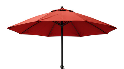  A red umbrella featuring a black frame and a black handle, elegantly displayed against a neutral background.
