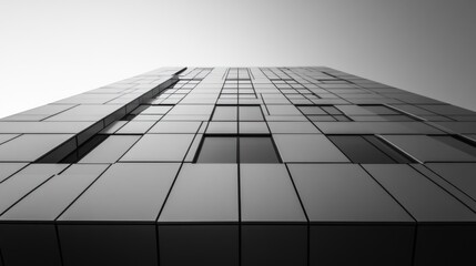 A modern building captured from a low angle, showcasing its sleek, geometric design.