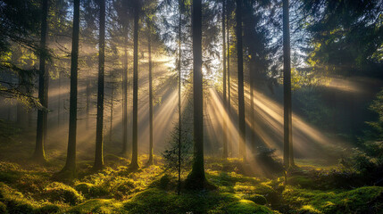 Obraz premium Magical sunbeams shining through a dense forest, creating a stunning Tyndall effect with mist swirling in the air and illuminating the woodland floor.