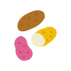 Potato hand drawn flat vector illustration. Fresh pink, yellow, brown vegetable print for kitchen, menu, food package design. Healthy cute organic product.