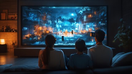 Futuristic holographic entertainment systems with immersive sound and visuals: A family watching a 3D holographic movie in their living room.