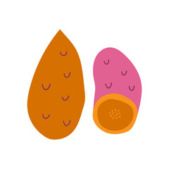 Sweet potato hand drawn flat vector illustration. Fresh pink, purple and orange vegetable print for kitchen, menu, food package design. Healthy cute organic product.