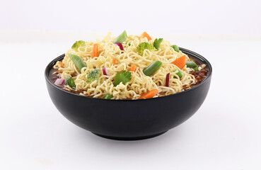 bowl noodles with vegetables on white background