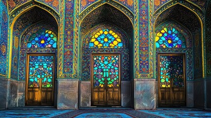 Obraz premium Colorful stained glass doors in an ornate architectural setting.
