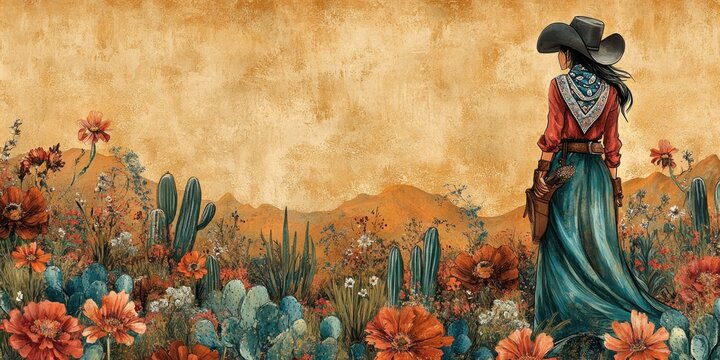 Cowgirl in a Desert Garden with Vibrant Blooms