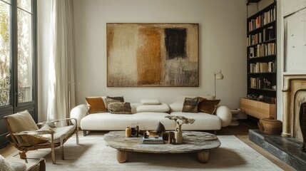 A chic living room with a modern design, featuring a mid-century sofa, a stylish coffee table, and a large artwork on the wall.