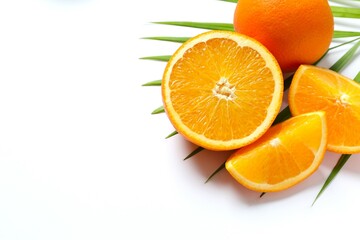 Fresh orange citrus with green leaves isolated on white background