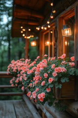 Obraz premium Beautiful coral pink flowers in window boxes on rustic cabin.