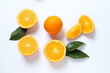 Fresh orange citrus with green leaves isolated on white background