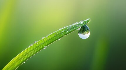 Obraz premium A close-up of a dewdrop on a green blade of grass, highlighting nature's beauty.