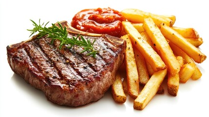 A classic steak and fries meal, featuring a juicy steak with crispy golden fries, all presented against a clean white background.