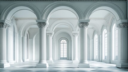 Fototapeta premium A spacious, elegant interior featuring classical columns and large windows.