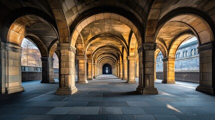 Fototapeta premium A serene corridor with arches, showcasing architectural beauty and warm lighting.