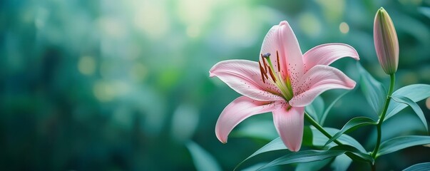 Fototapeta premium Pink lily flower in garden with blurred background, natural beauty and tranquility concept
