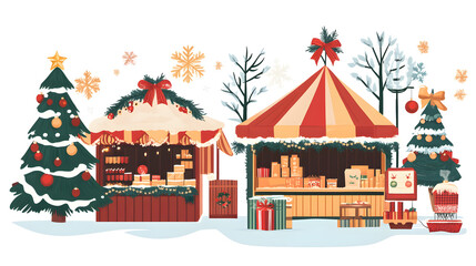 Winter holiday Market. Cartoon Christmas holiday fair illustration isolated on white background. 