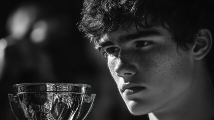 A focused young athlete gazes at a trophy, capturing a moment of determination and achievement.