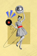 Trend artwork composite sketch photo collage of carefree party celebration holiday listen music young lady dance vinyl record disco ball