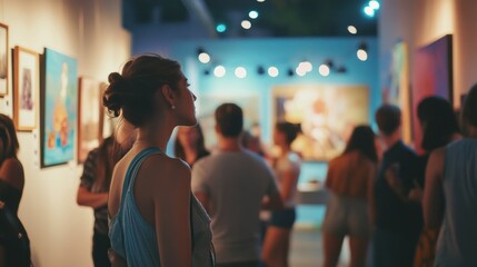 Fototapeta premium A gallery scene with people admiring artwork in a vibrant setting.