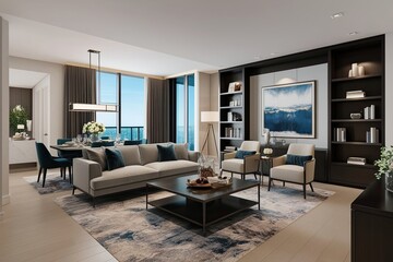 Elegant 3D Visualization of Luxury Condo Living Room Featuring Modern Sofa Family Dining Area and Contemporary Bookshelf