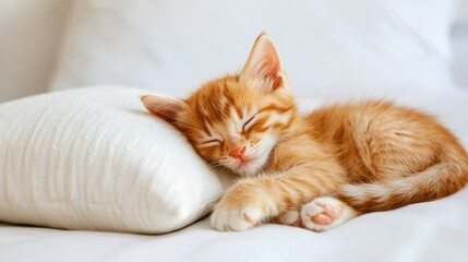 Ginger Tabby Kitten Sleeping Peacefully on Soft White Cushion