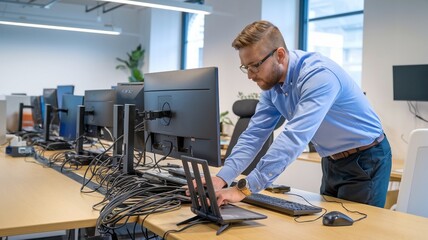 IT Specialist Installing Network Equipment in a Modern Office