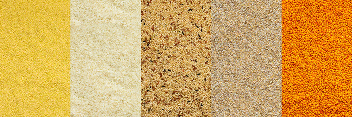 Various grain cereals banner, top view, millet and wheat grits, white and brown rice, orange lentils