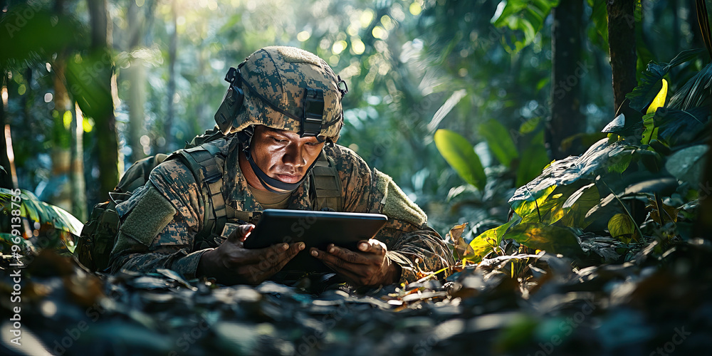 Wall mural jungle crawler: a soldier wearing camouflage gear, using a tablet while lying prone on the ground in