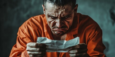 A man in an orange jumpsuit holding a piece of